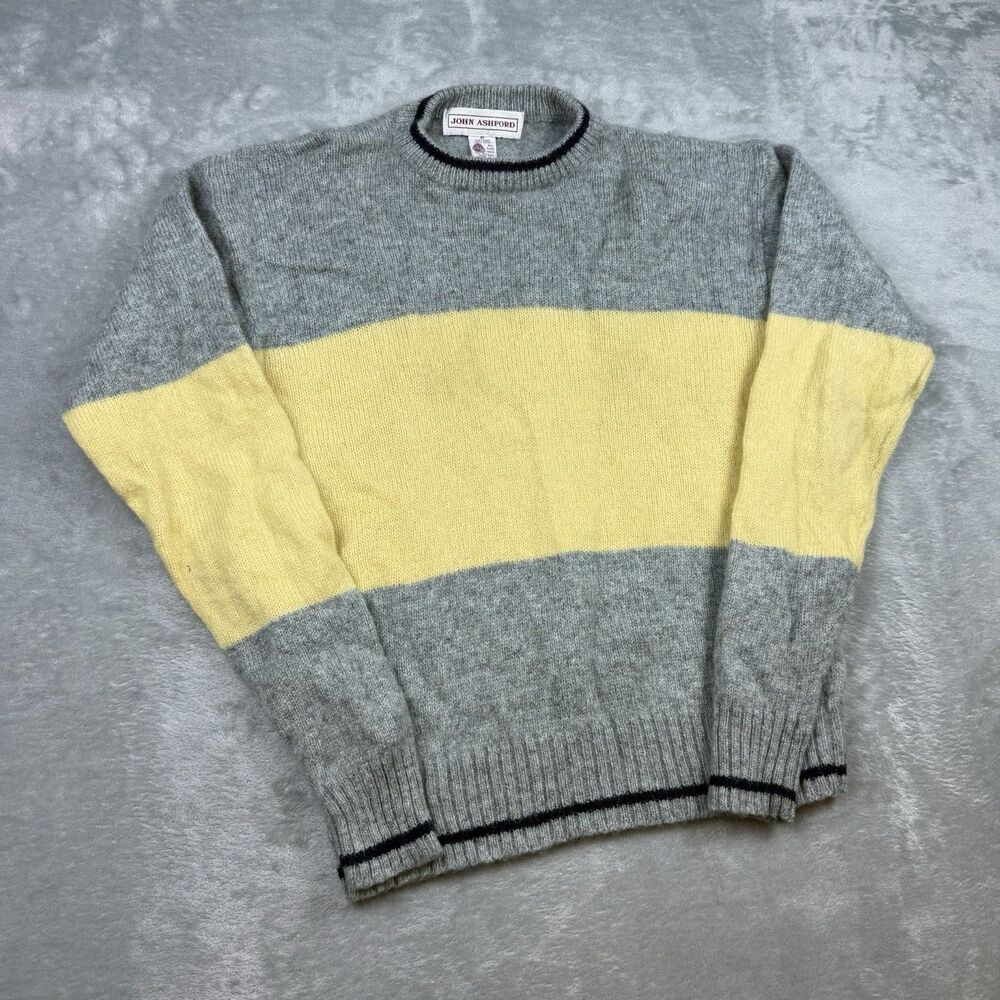 Vintage John Ashford Shetland Wool Color Block Gray Yellow Sweater Jamaica Large